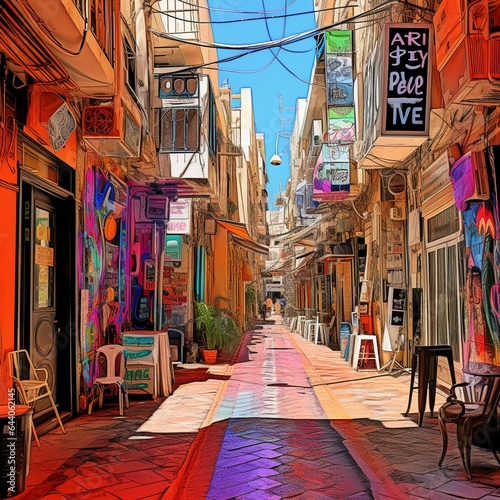 Bustling street capturing the electric energy of Tel Aviv's arts and entertainment scene