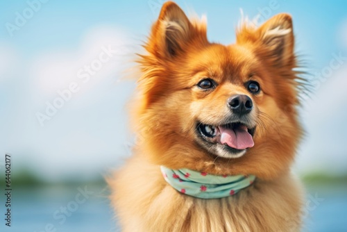 Close-up portrait photography of a cute finnish spitz wearing a frilly dress against a tropical teal background. With generative AI technology