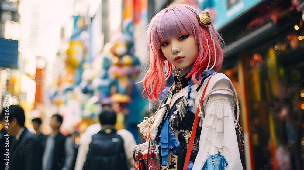 Girl dressed as anime character or Harajuku, pose at a cosplay gathering in Japan. Shallow field of view.