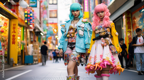 Girls dressed as anime character or Harajuku, pose at a cosplay gathering in Japan. Shallow field of view. photo