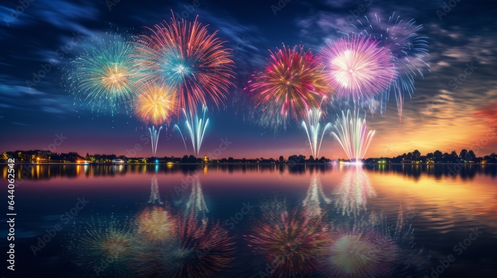 Fireworks are lit up in the night sky over a lake