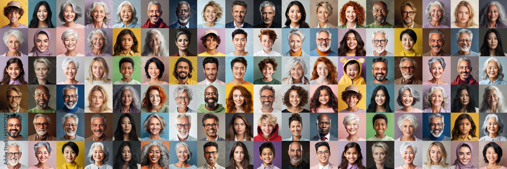 Portraits of people of many generations as a panorama