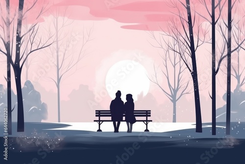 romantic couple sitting on a bench in winter landscape illustration