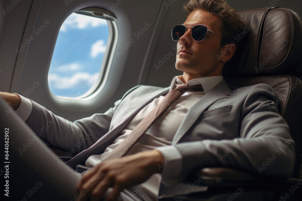 Handsome man businessman in an airplane flies on a business trip Handsome man businessman in an airplane flies on a business trip