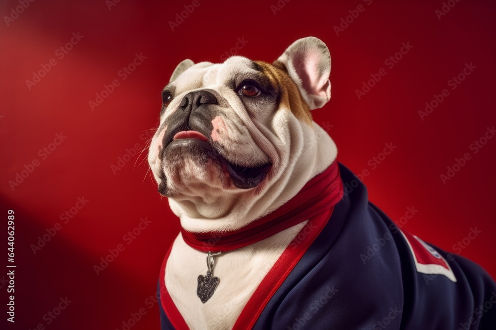 Close-up portrait photography of a smiling bulldog wearing a sailor suit against a ruby red background. With generative AI technology