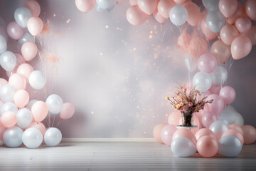 Party festive birthday photo zone with pink and blue balloons. copy space for text