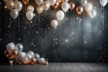 Party festive birthday photo zone with colorful balloons. copy space for text