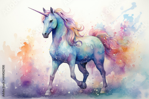 Magic fabulous running unicorn. Watercolor drawing style illustration © Michael