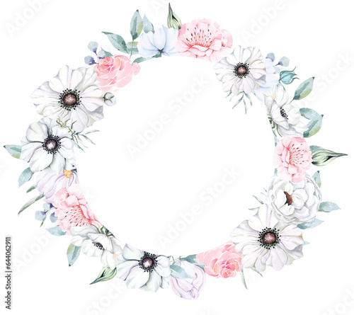 Flowers wreath.Painted in watercolor.Elegant floral ring for invitation, wedding or greeting cards.Anemone wreath.White flower circle.