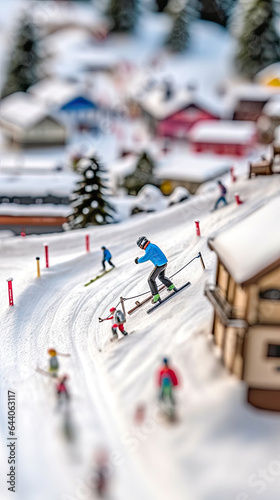 Miniatures of people skiing, panoramic photography,Miniature Skier on a Snowy Mountain