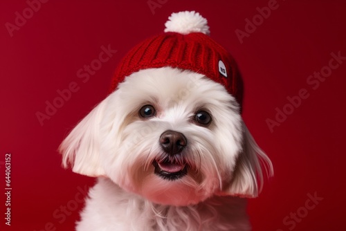 Close-up portrait photography of a happy maltese wearing a winter hat against a ruby red background. With generative AI technology