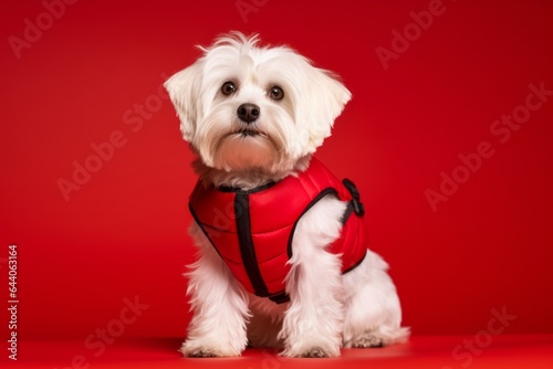 Medium shot portrait photography of a cute maltese wearing a swimming vest against a ruby red background. With generative AI technology