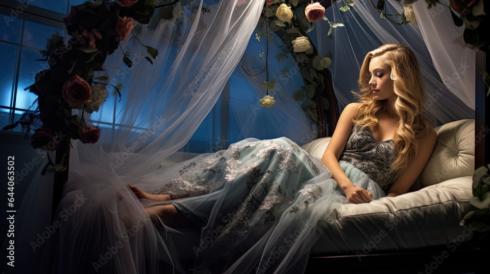 Model amidst a canopy bed, portraying a blend of allure and control, with flowing fabrics