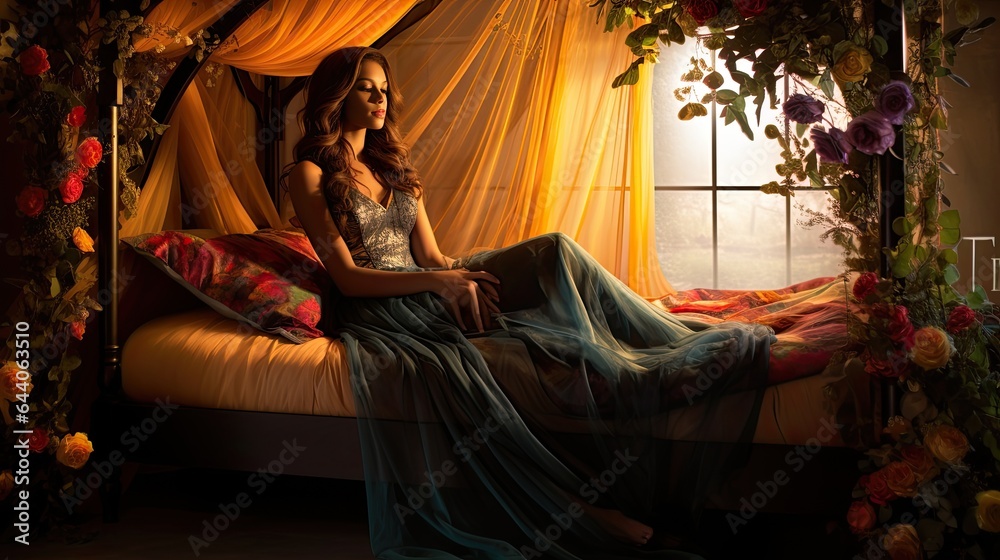 Model amidst a canopy bed, portraying a blend of allure and control, with flowing fabrics