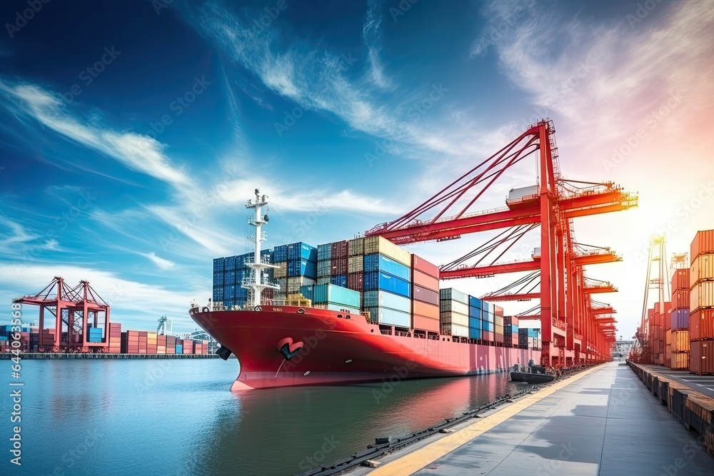 Fototapeta premium Container Cargo freight ship with working crane bridge at sunset for Logistic Import Export background