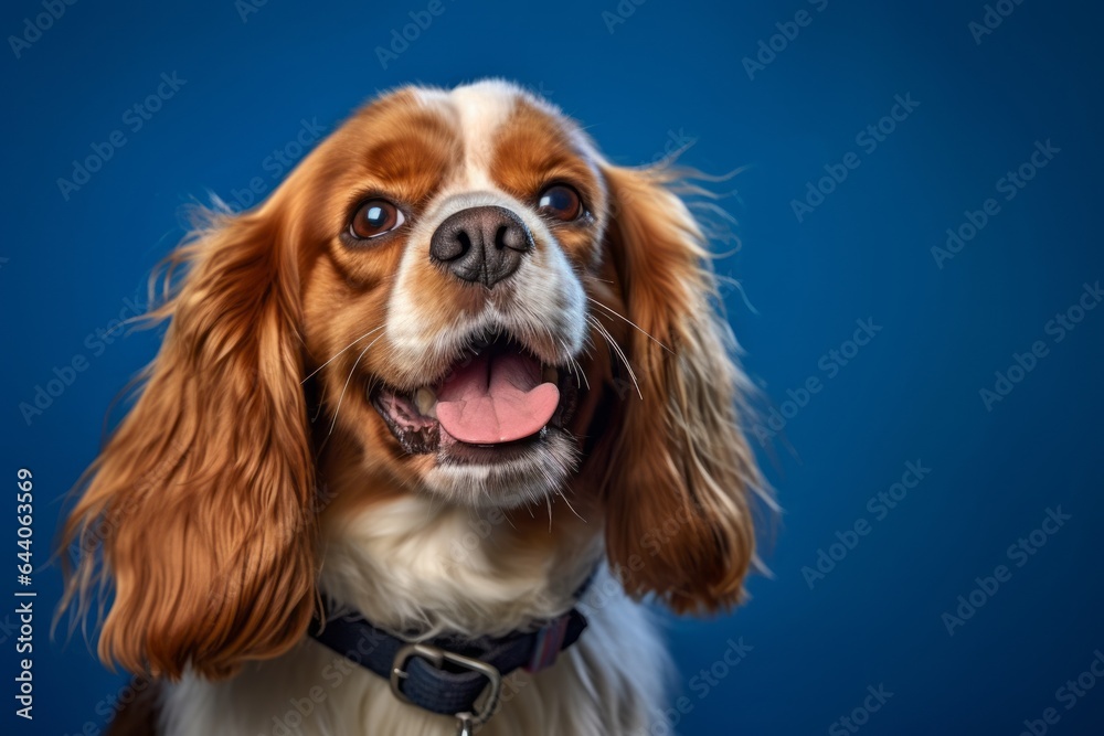 Headshot portrait photography of a smiling cavalier king charles spaniel dog wearing a spiked collar against a sapphire blue background. With generative AI technology