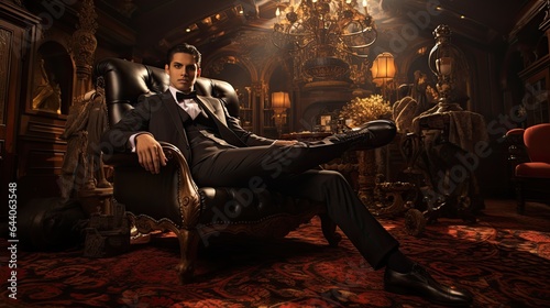 Model lounging on a luxurious rug, emphasizing grace and might, surrounded by opulent room decor
