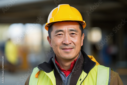 Middle aged Asian male builder worker in hard hat, man at work, construction site