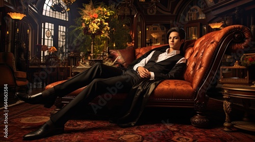 Model lounging on a luxurious rug, emphasizing grace and might, surrounded by opulent room decor
