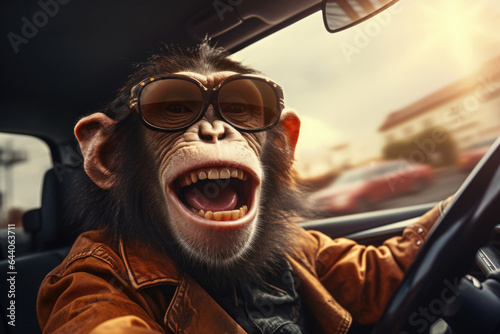Canvas Print monkey driving the car spins the wheel and screams