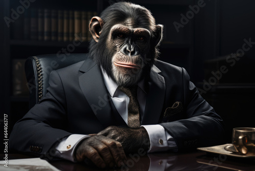 Monkey chief in an armchair at the workplace in the office in an expensive suit © Michael