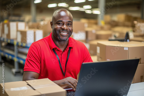 Black male warehouse manager with laptop in distribution center. Storehouse package supervisor