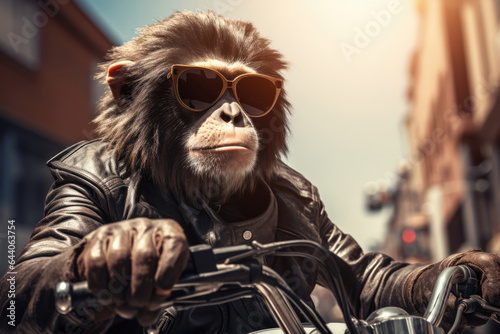 monkey biker in glasses and a leather jacket rides a motorcycle