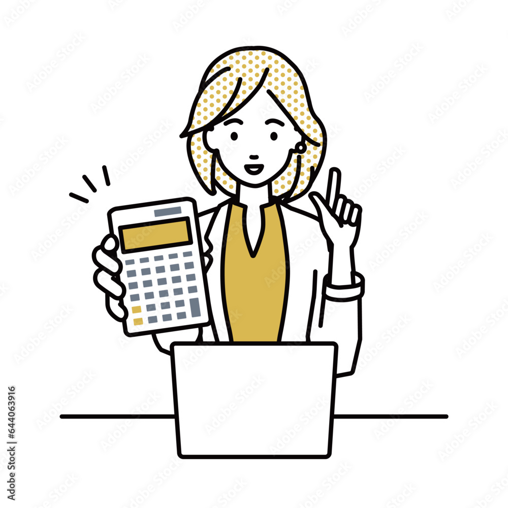 座ってデスクでノートPCを開いて電卓を持ってこちらに向けて見せているジャケットの女性