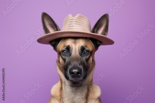 Medium shot portrait photography of a cute belgian malinois dog wearing a sombrero against a lilac purple background. With generative AI technology