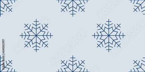 Christmas Seamless pattern with snowflakes. Winter Flat vector illustration for Holiday decoration, Wrapping paper template, Seasonal banner. Design art Endless background with snowfall on blue. 