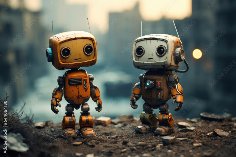 two small old retro robots, the concept of the future, technology development, artificial intelligence two small old retro robots, the concept of the future, technology development, artificial intelligence