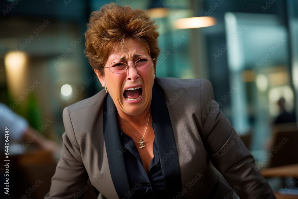 Fototapeta premium Plus size business manager in the office crying angry face, head Colombian woman 60 years old in office clothes.