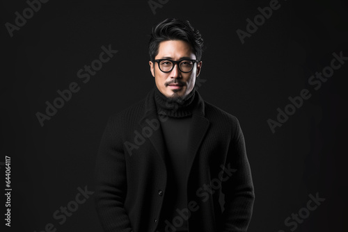 Portrait of a smiling Asian businessman wearing glasses and black suit with looking at the camera in confidently while standing alone in a dark wall background. © NaphakStudio