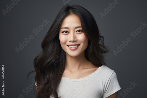 Portrait of a smiling young Asian woman with good health glowing skin and positivity standing and looking at the camera.