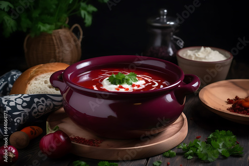 Traditional Ukrainian borscht on a dark background. Borscht with sour cream. Beetroot borscht with parsley.   photo