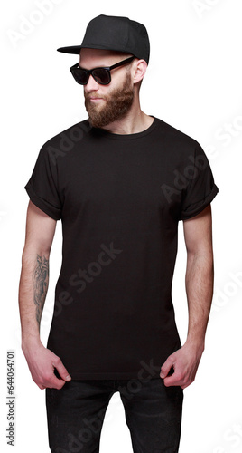 Hipster man wearing black blank t-shirt with space for your logo or design over transparent background