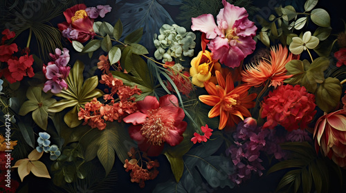 Botanical Harmony, lush botanical elements like flowers, leaves, or plants arranged harmoniously to create an organic wallpaper design. AI generative © SK