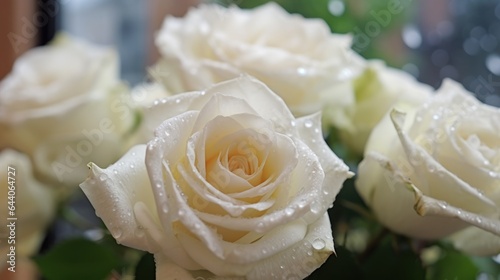 Beautiful white roses in a basket on the windowsill. Close-up. Mother's day concept with a space for a text. Valentine day concept with a copy space.