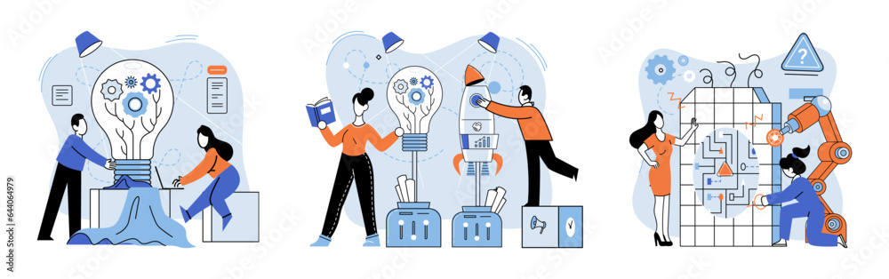 Team solving complex problems. Teamwork vector illustration metaphor. Business invest energy sources Brain activity abstract concept Combining parts to achieve a result Coworkers characters Coworkers Team solving complex problems. Teamwork vector illustration metaphor. Business invest energy sources Brain activity abstract concept Combining parts to achieve a result Coworkers characters Coworkers
