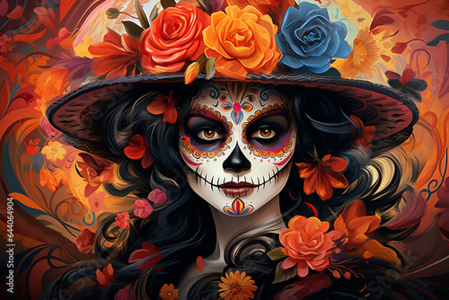 La Catrina dia de muertos Figur mit Maske / Make-up. Dekoriert mit Blumen. Tag der Toten in Mexico. Querformat. Generative Ai.