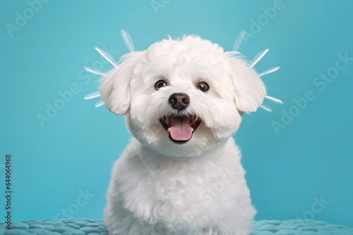 Medium shot portrait photography of a smiling bichon frise wearing a fairy wings against a cerulean blue background. With generative AI technology