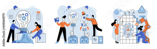 Team solving complex problems. Teamwork vector illustration metaphor. Business invest energy sources Brain activity abstract concept Combining parts to achieve a result Coworkers characters Coworkers