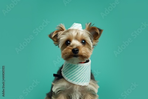 Close-up portrait photography of a cute yorkshire terrier wearing a bandage against a spearmint green background. With generative AI technology
