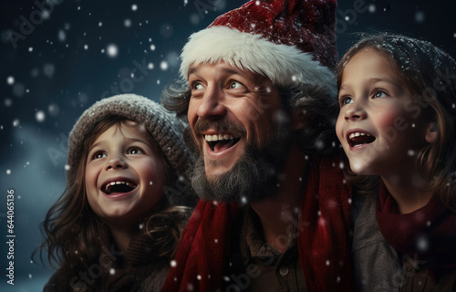Portrait of a happy family in Santa Claus hats and scarves. created by generative AI technology.