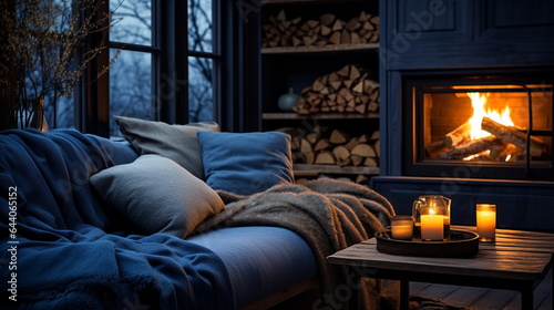 cozy room with sofa and kamin with view from window on rainy evening street