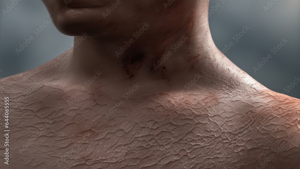 The neck, shoulders and chest are covered in a grid of scars, the