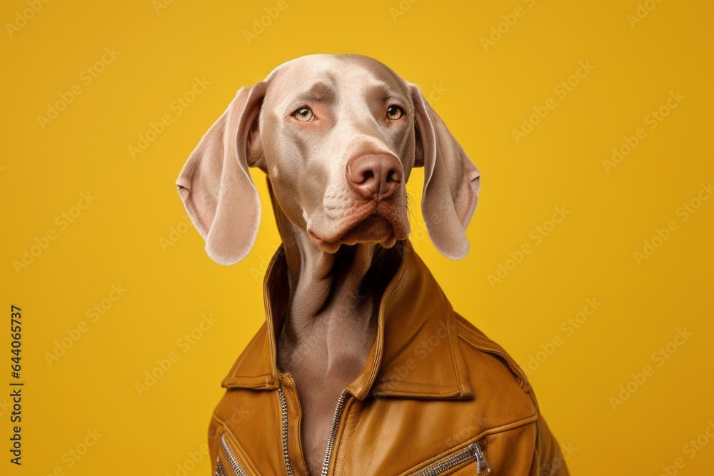 Close-up portrait photography of a funny weimaraner dog wearing a leather jacket against a gold background. With generative AI technology