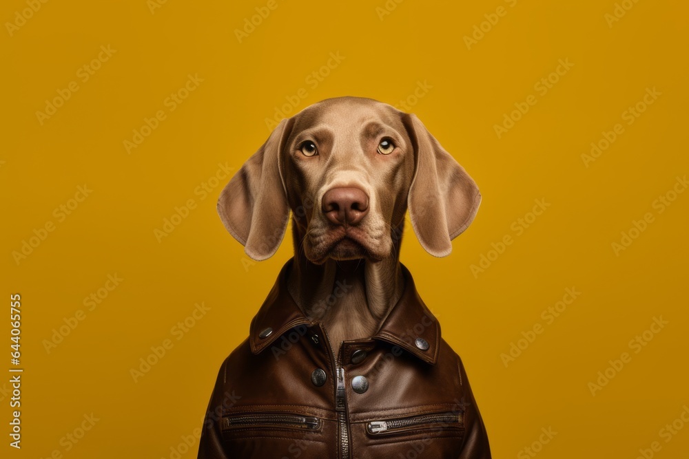 Close-up portrait photography of a funny weimaraner dog wearing a leather jacket against a gold background. With generative AI technology Close-up portrait photography of a funny weimaraner dog wearing a leather jacket against a gold background. With generative AI technology