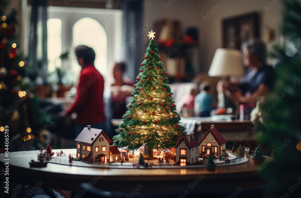 Christmas tree with toys on the background of a group of people in the background. created by generative AI technology.
