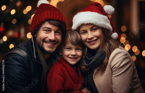 Happy family in Santa hats at home. Christmas and New Year concept. created by generative AI technology.